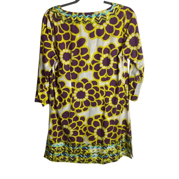 Boden Size 12 Ibiza Kaftan Floral Tunic Dress Ric Rac Trim Purple Yellow Retro - Picture 4 of 7